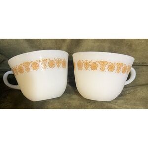 Vintage Pyrex Butterfly Gold Milk Glass Coffee Tea Cups Mugs Set Of 2 (1940)